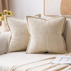 MIULEE Corduroy Pillow Covers with Splicing Set of 2 Super Soft Boho Striped Pillow Covers Broadside Decorative Spring Throw Pillows for Couch Cushion Livingroom 18x18 inch, Beige